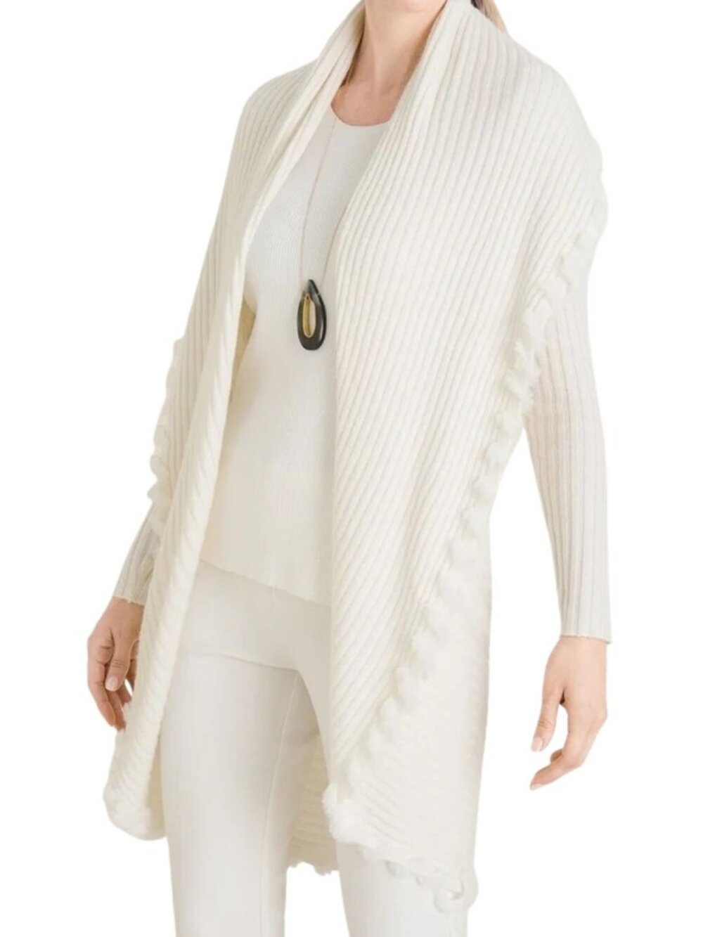 NWT Chico's Ivory White Ribbed Cardigan with Faux Fur Trim Size 3P / XLP Luxury
